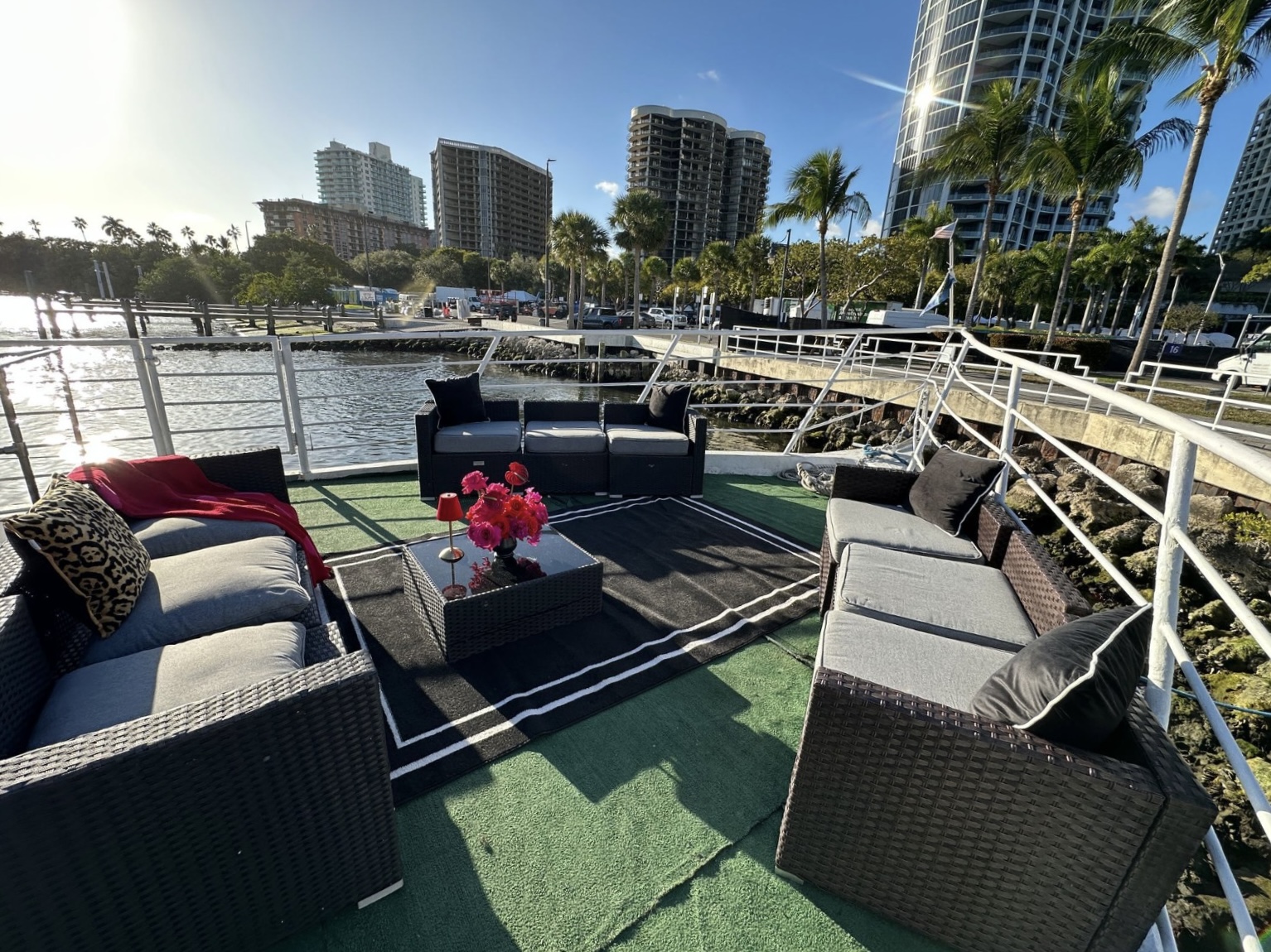 Open-air lounge deck at the marina